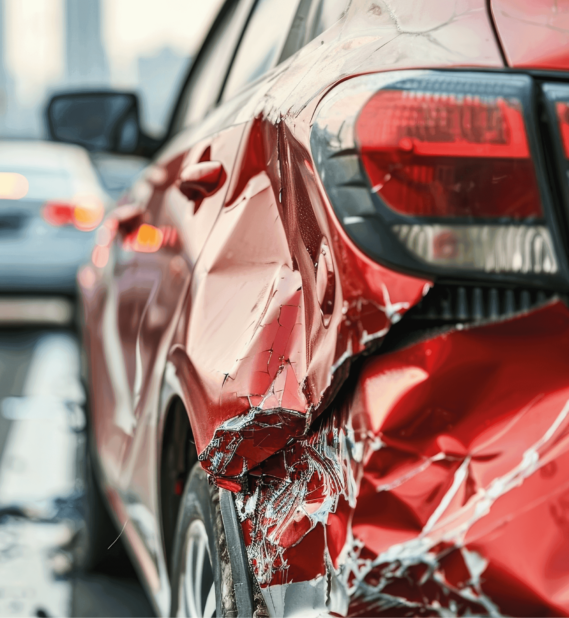 Beschädigtes rotes Auto hinten mit Dellen und zerbrochenem Kunststoff.