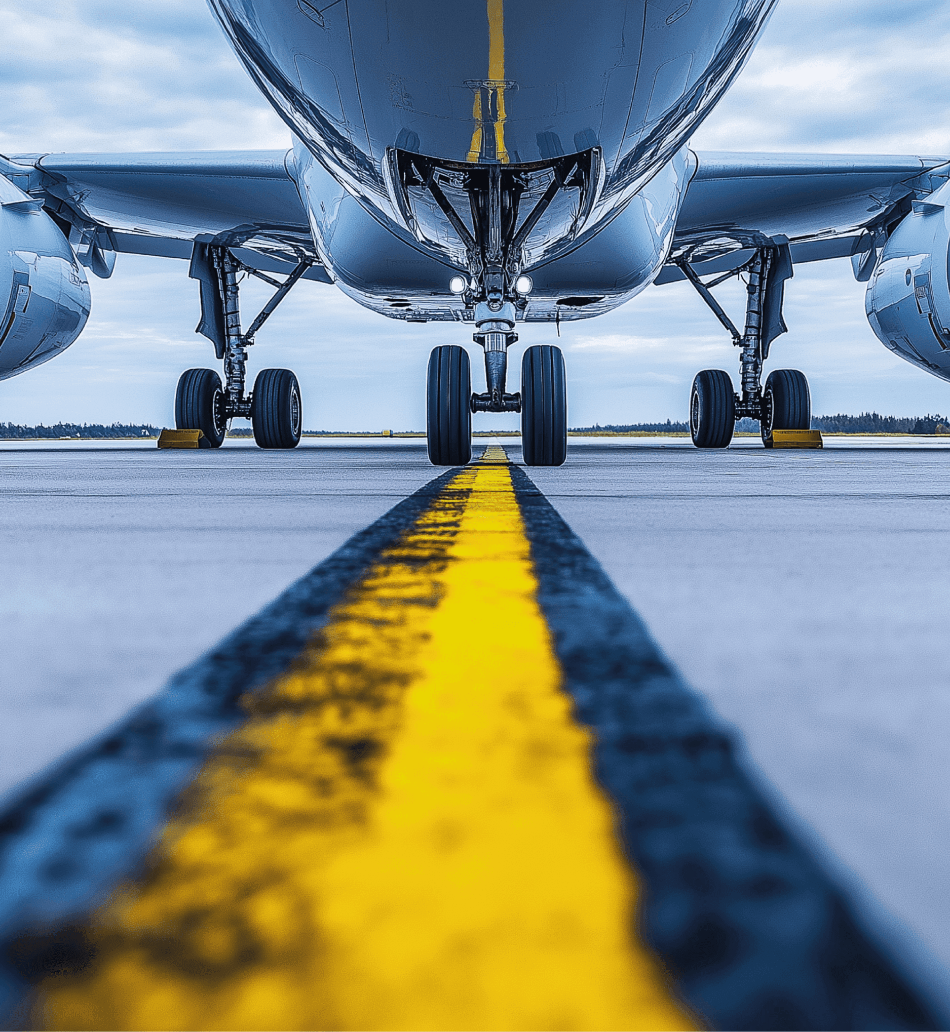 Flugzeugfahrwerk von unten auf einer Landebahn betrachtet.