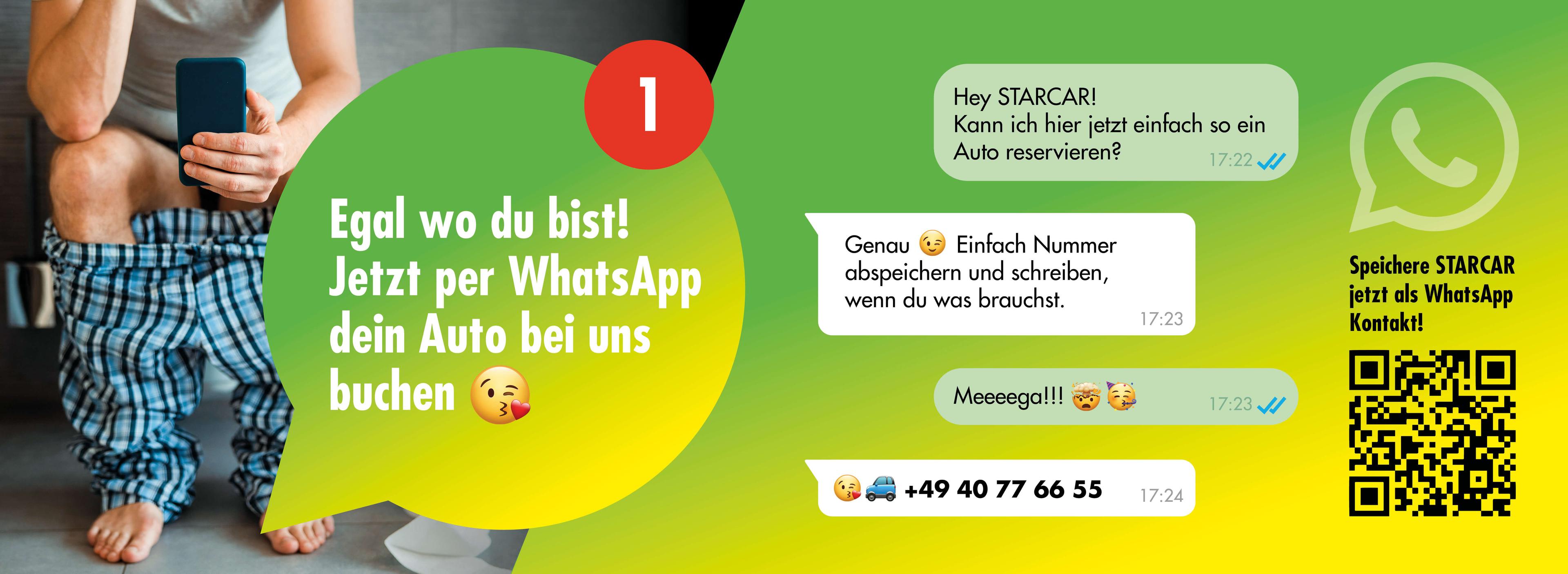 Starcar-Anzeige, die Autoanmietungen über WhatsApp mit QR-Code und Telefonnummer bewirbt.